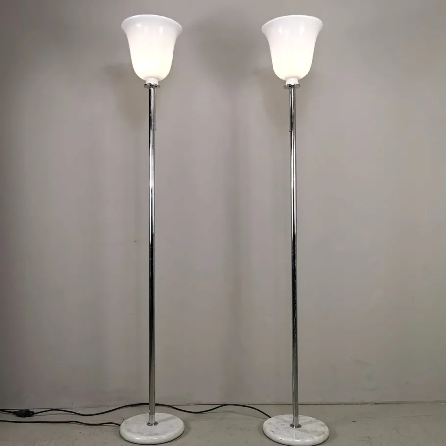 Pamono Vintage Floor Lamps with Marble Base, Chromed Plated Stem and White Glass Diffuser in the Style of Venini, 1970s, Set of 2