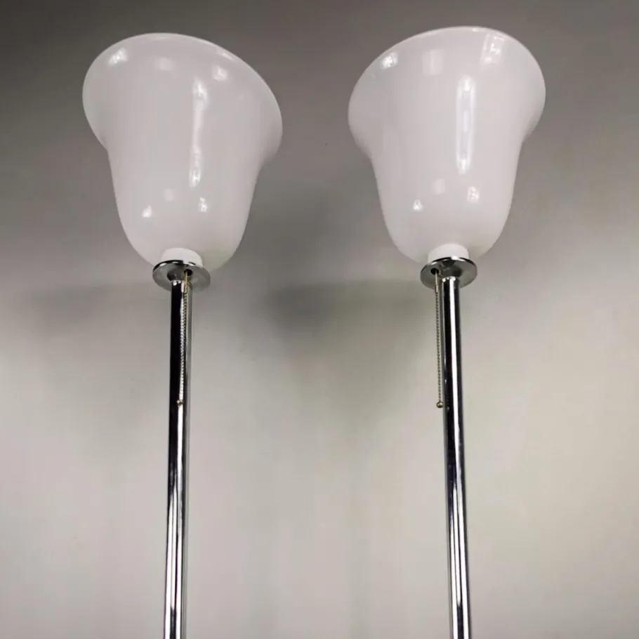 Pamono Vintage Floor Lamps with Marble Base, Chromed Plated Stem and White Glass Diffuser in the Style of Venini, 1970s, Set of 2