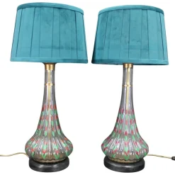 Best Pamono Vintage Hand Painted Glass Table Lamps with New Fabric Shade, 1960s, Set of 2