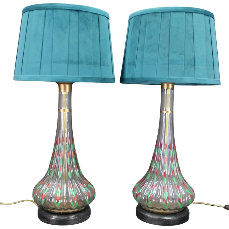 Best Pamono Vintage Hand Painted Glass Table Lamps with New Fabric Shade, 1960s, Set of 2