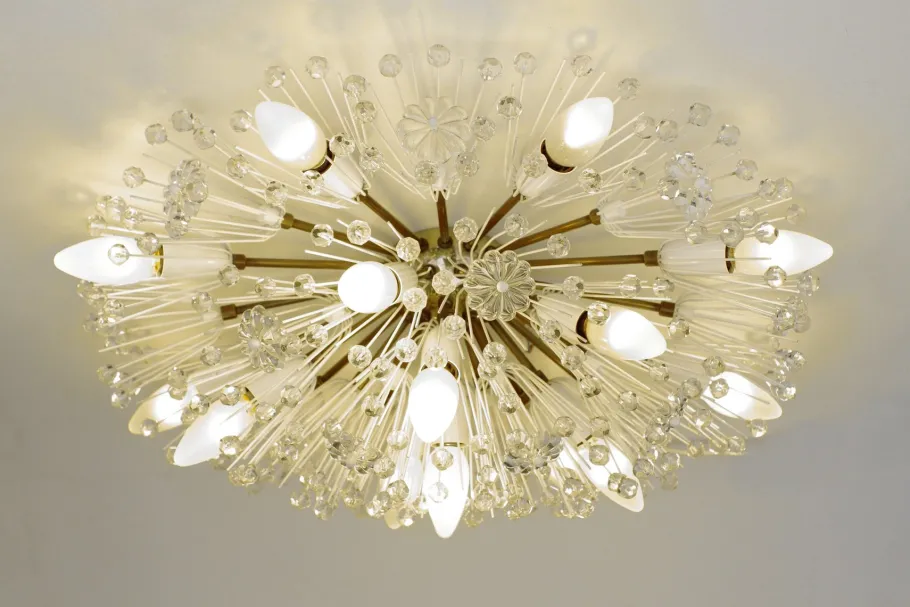 Sale Pamono Vintage Hollywood Regency Round Crystal Glass Flowers and Brass Ceiling Light, 1950s