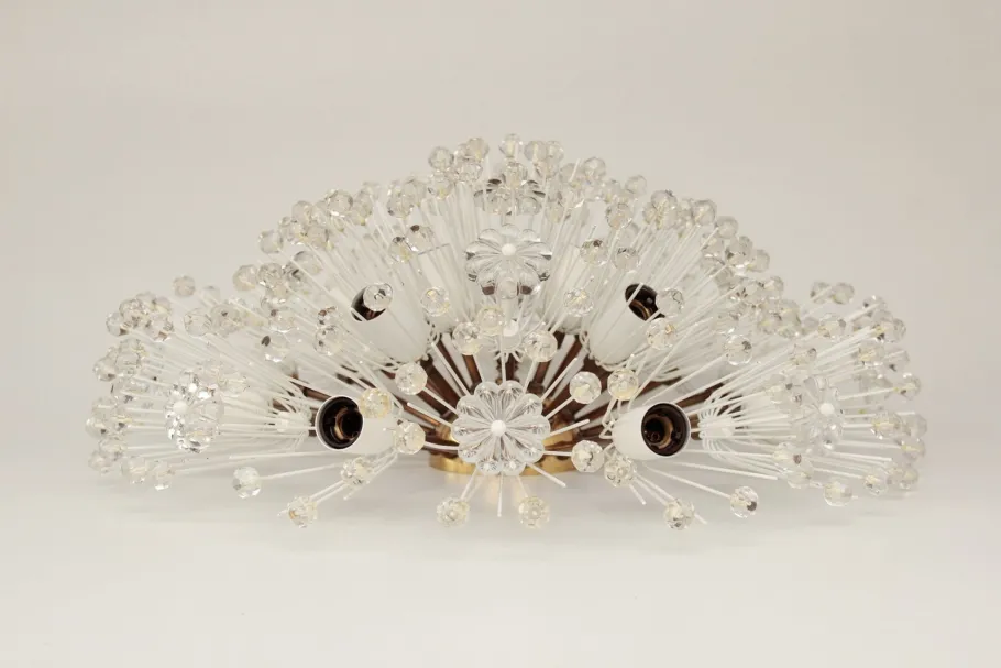Sale Pamono Vintage Hollywood Regency Round Crystal Glass Flowers and Brass Ceiling Light, 1950s