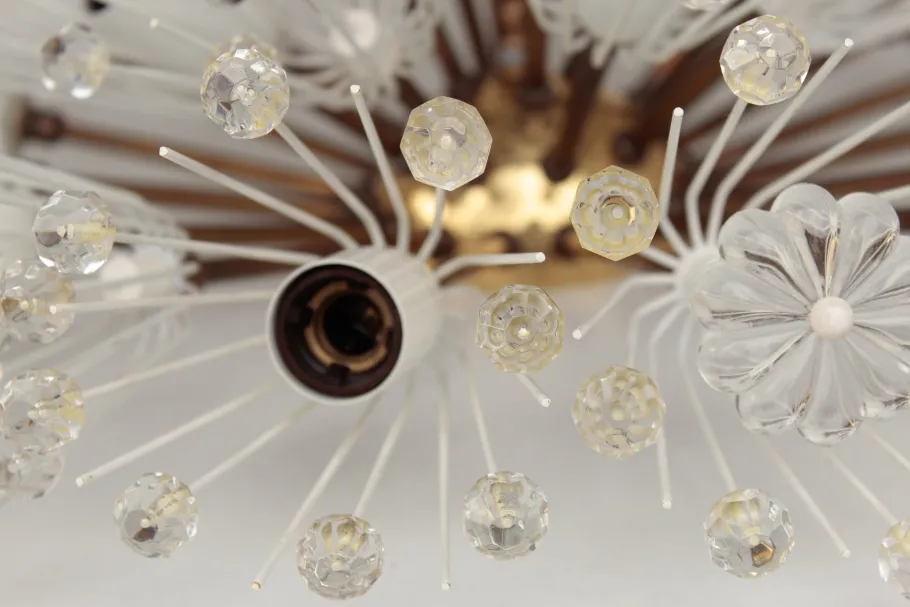 Sale Pamono Vintage Hollywood Regency Round Crystal Glass Flowers and Brass Ceiling Light, 1950s