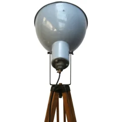 Pamono Vintage Industrial Wooden and Gray Enamel Tripod Spotlight Floor Lamp