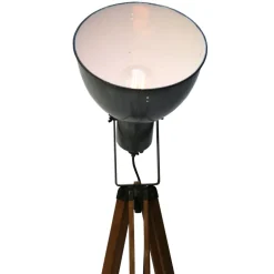 Pamono Vintage Industrial Wooden and Gray Enamel Tripod Spotlight Floor Lamp
