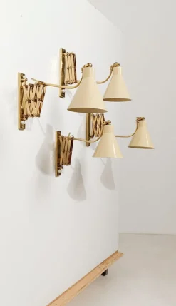 Sale Pamono Vintage Italian Adjustable Wall Lights in Brass and Creamy White Metal, 1950s