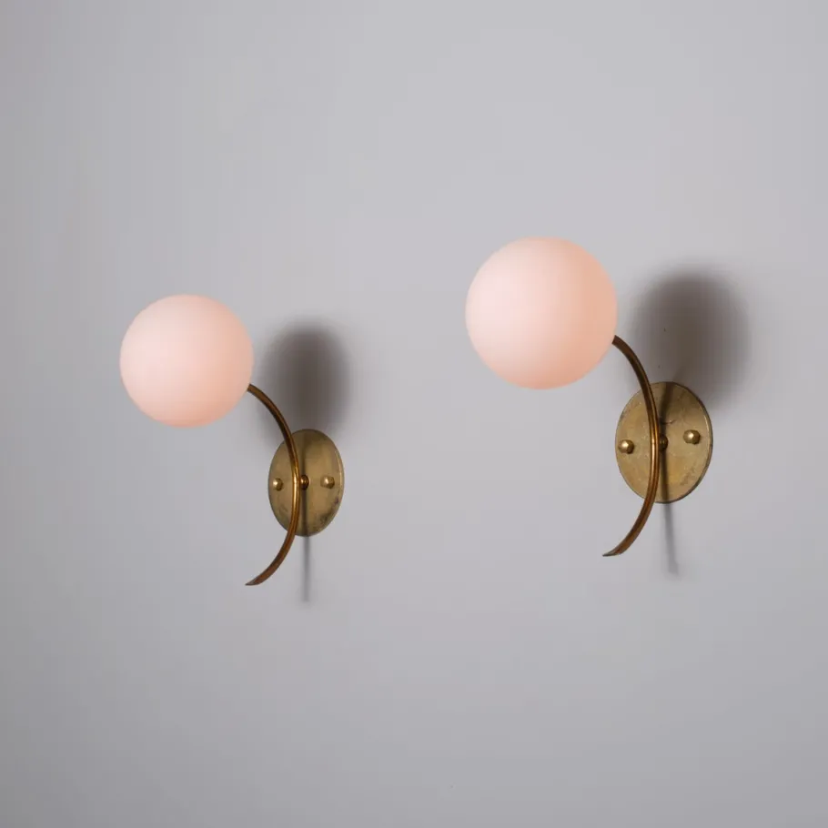 Sale Pamono Vintage Italian Brass Sconces with Opaline Glass Globes, 1950s, Set of 2