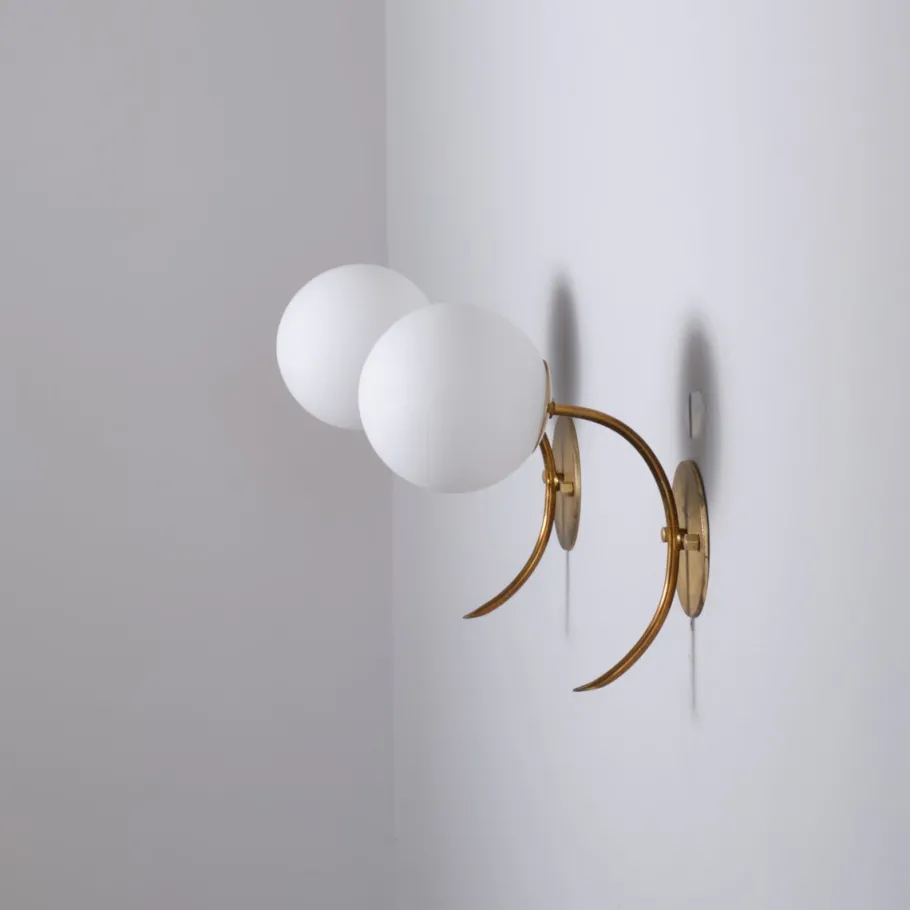 Sale Pamono Vintage Italian Brass Sconces with Opaline Glass Globes, 1950s, Set of 2
