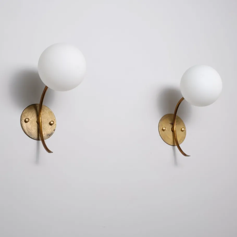 Sale Pamono Vintage Italian Brass Sconces with Opaline Glass Globes, 1950s, Set of 2