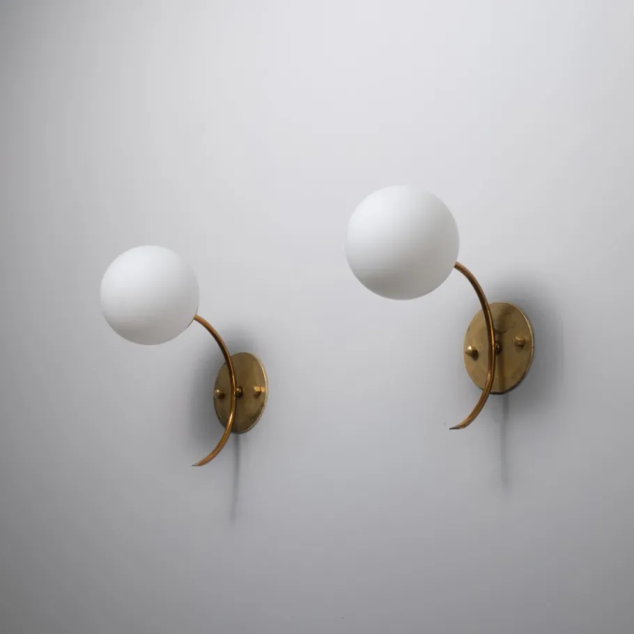 Sale Pamono Vintage Italian Brass Sconces with Opaline Glass Globes, 1950s, Set of 2