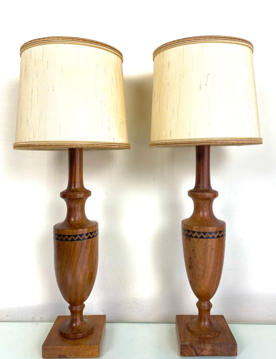 Sale Pamono Vintage Mid-Century Artisan Hand-Crafted Wooden Inlay Table Lamps, Set of 2