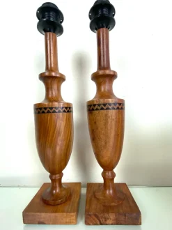 Sale Pamono Vintage Mid-Century Artisan Hand-Crafted Wooden Inlay Table Lamps, Set of 2