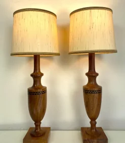 Sale Pamono Vintage Mid-Century Artisan Hand-Crafted Wooden Inlay Table Lamps, Set of 2