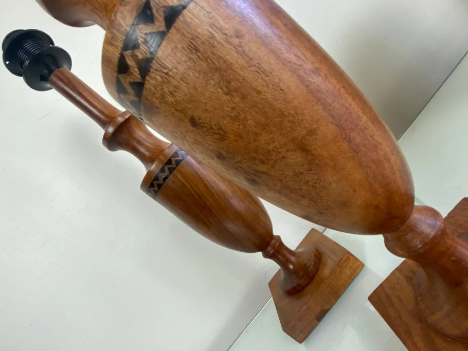 Sale Pamono Vintage Mid-Century Artisan Hand-Crafted Wooden Inlay Table Lamps, Set of 2
