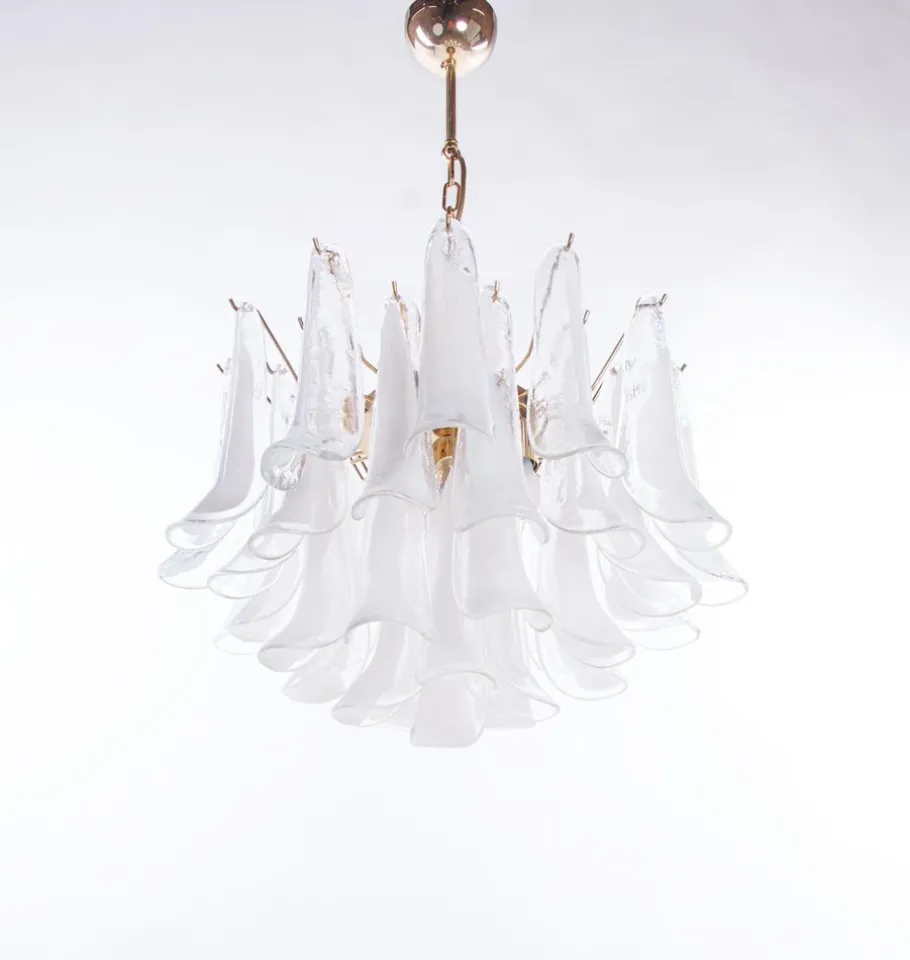 Discount Pamono Vintage Petal Chandelier in Clear and White Murano Glass, Italy, 1970s