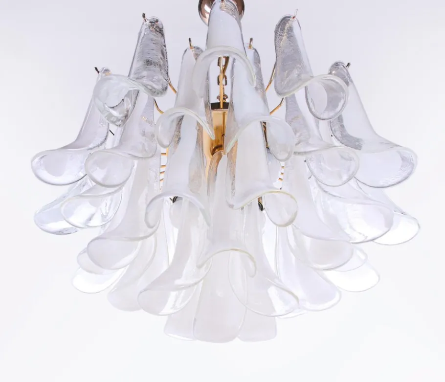 Discount Pamono Vintage Petal Chandelier in Clear and White Murano Glass, Italy, 1970s