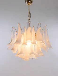 Discount Pamono Vintage Petal Chandelier in Clear and White Murano Glass, Italy, 1970s