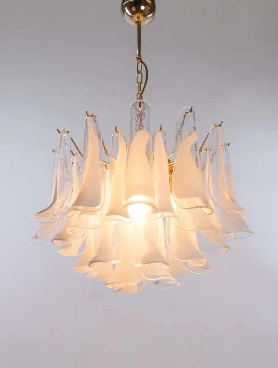 Discount Pamono Vintage Petal Chandelier in Clear and White Murano Glass, Italy, 1970s