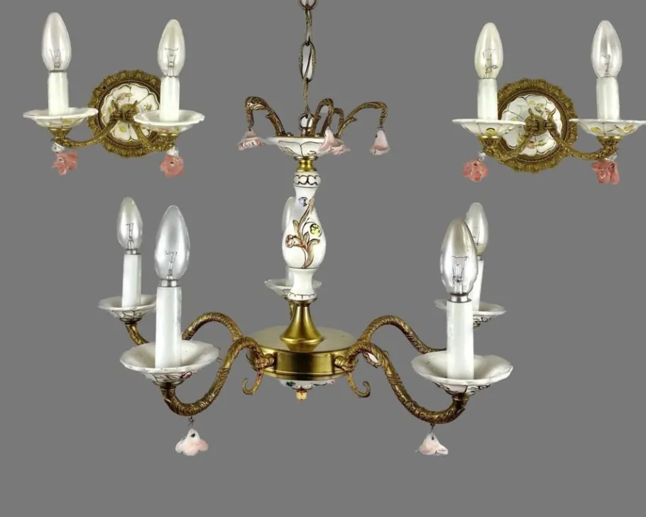 Sale Pamono Vintage Porcelain Chandelier & Sconces, Italy, Set of 3