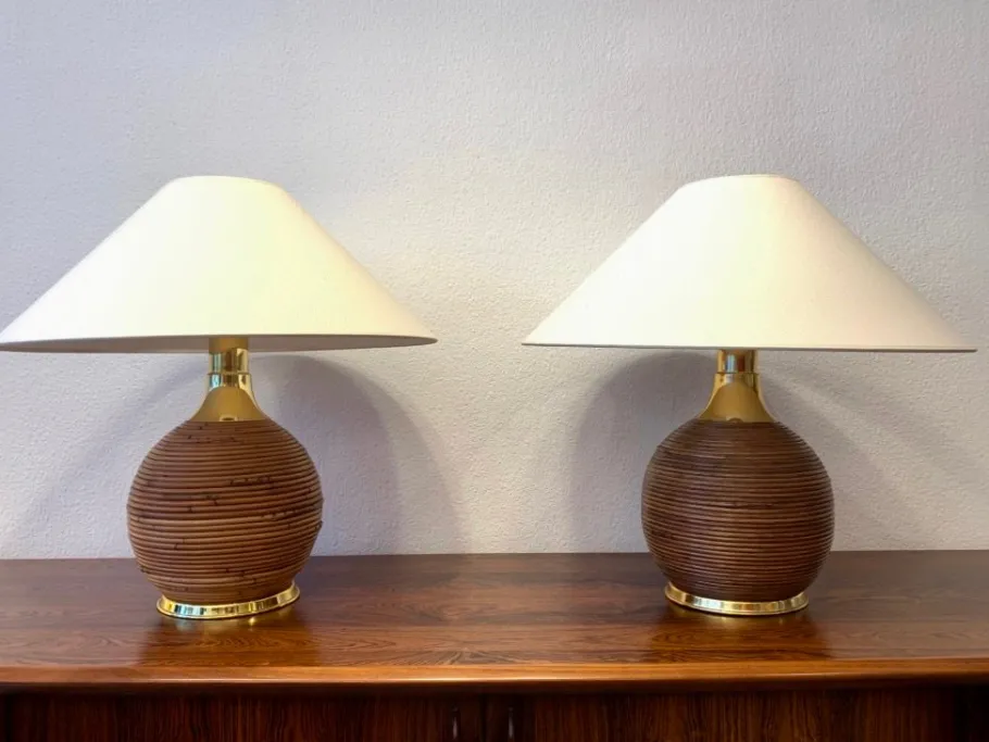 Best Pamono Vintage Rattan and Brass Table Lamps, 1980, Set of 2