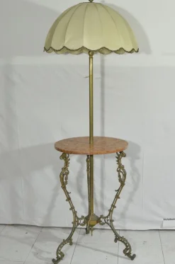 Sale Pamono Vintage Table with Pink Marble Top and Brass Floor Lamp, Italy, 1970s
