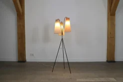 Outlet Pamono Vintage Tripod Floor Lamp in Brass & Plisse, 1950s