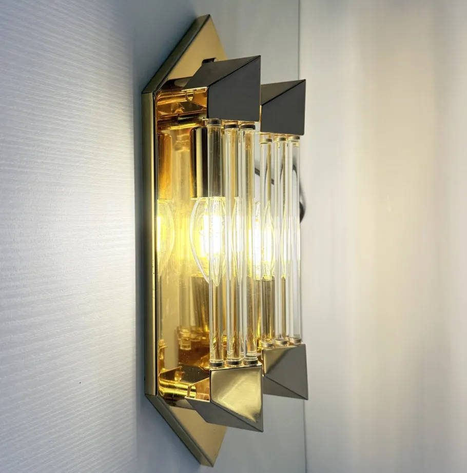 Sale Pamono Wall Lamp in Gold with Crystal Cylinders from Honsel, 1980s
