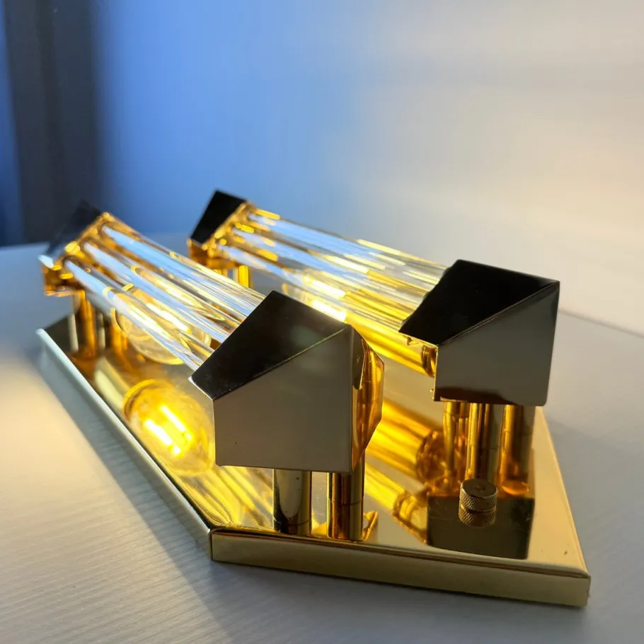 Sale Pamono Wall Lamp in Gold with Crystal Cylinders from Honsel, 1980s