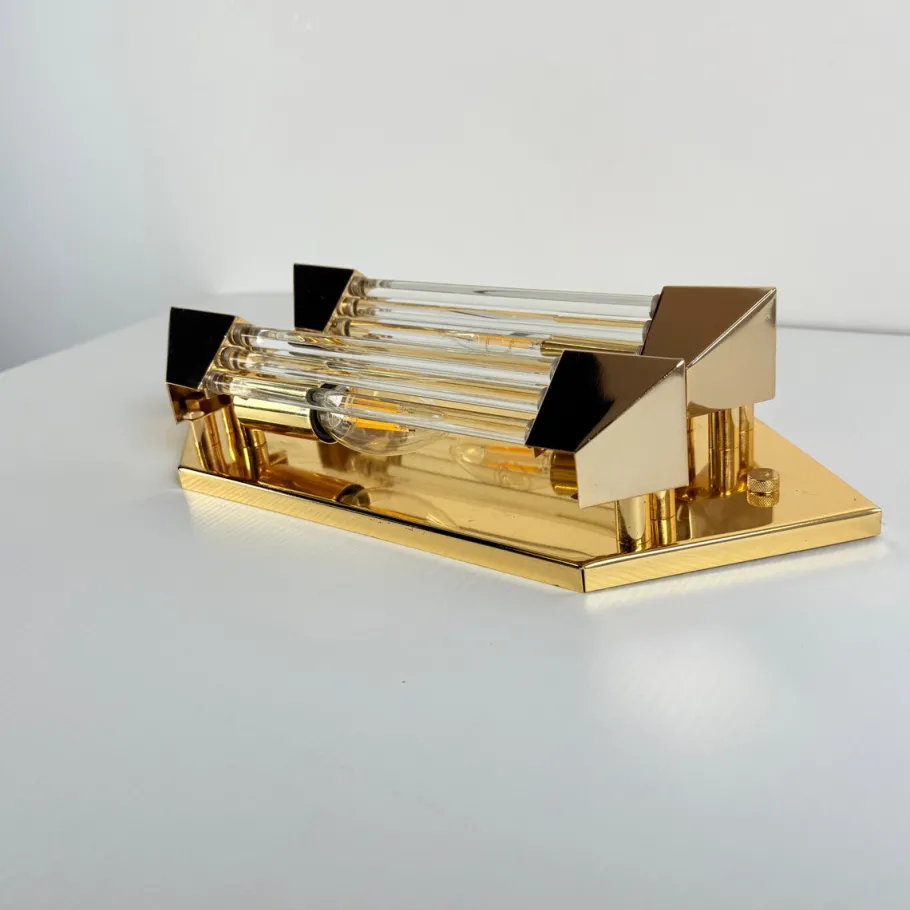 Sale Pamono Wall Lamp in Gold with Crystal Cylinders from Honsel, 1980s