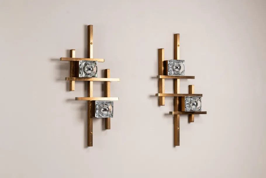 Sale Pamono Wall Lamps in Brass and Glass by Gaetano Sciolari, Italy, 1970s, Set of 2