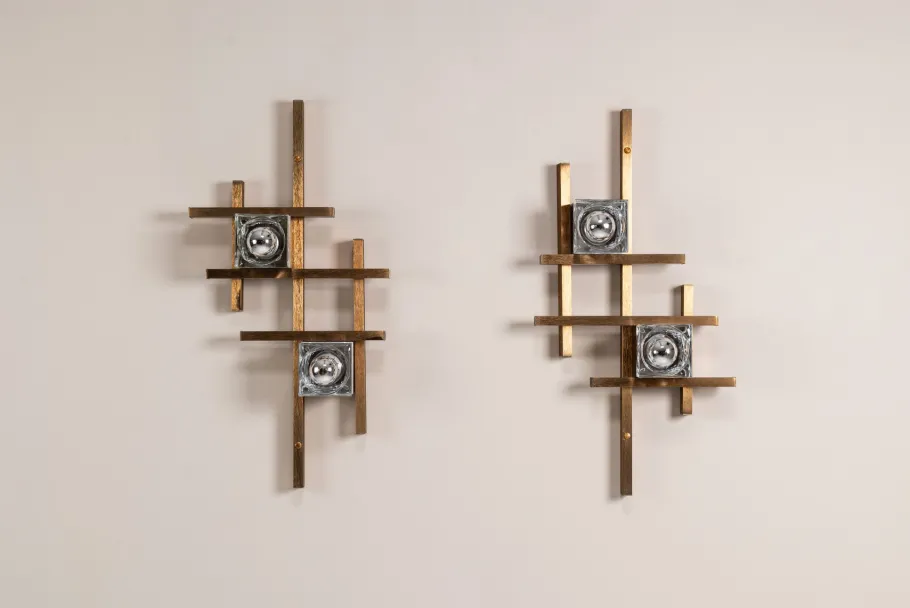 Sale Pamono Wall Lamps in Brass and Glass by Gaetano Sciolari, Italy, 1970s, Set of 2