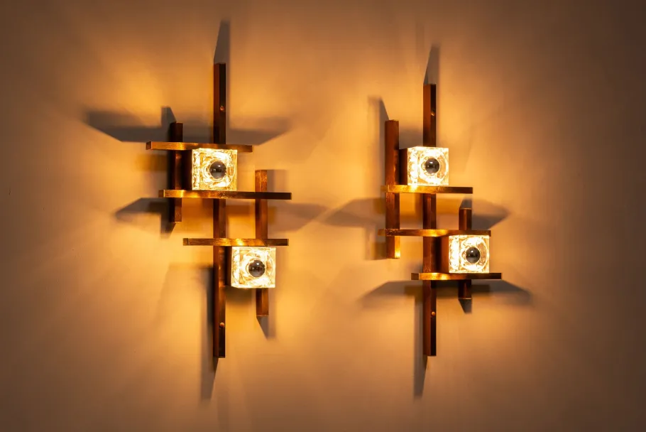 Sale Pamono Wall Lamps in Brass and Glass by Gaetano Sciolari, Italy, 1970s, Set of 2