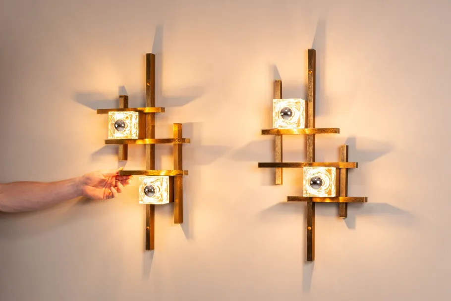 Sale Pamono Wall Lamps in Brass and Glass by Gaetano Sciolari, Italy, 1970s, Set of 2