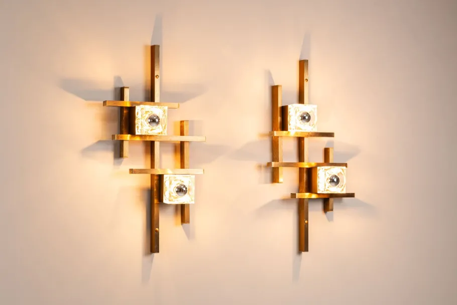 Sale Pamono Wall Lamps in Brass and Glass by Gaetano Sciolari, Italy, 1970s, Set of 2