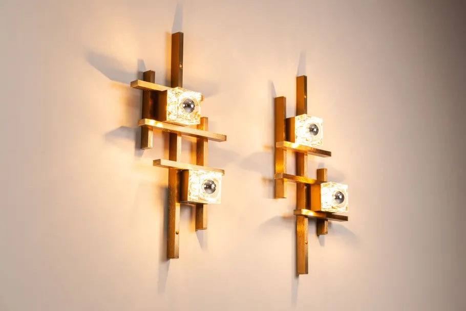Sale Pamono Wall Lamps in Brass and Glass by Gaetano Sciolari, Italy, 1970s, Set of 2