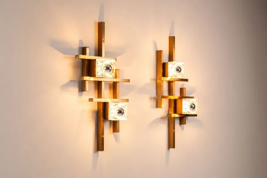 Sale Pamono Wall Lamps in Brass and Glass by Gaetano Sciolari, Italy, 1970s, Set of 2