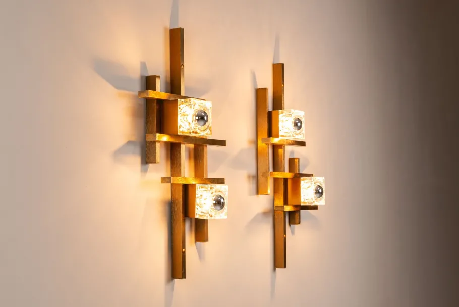 Sale Pamono Wall Lamps in Brass and Glass by Gaetano Sciolari, Italy, 1970s, Set of 2