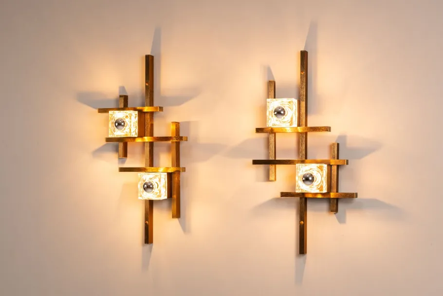 Sale Pamono Wall Lamps in Brass and Glass by Gaetano Sciolari, Italy, 1970s, Set of 2