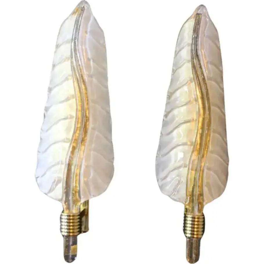 Sale Pamono White and Gold Murano Glass Wall Lights in the Shape of Leaves, Set of 2