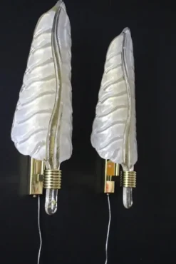 Sale Pamono White and Gold Murano Glass Wall Lights in the Shape of Leaves, Set of 2