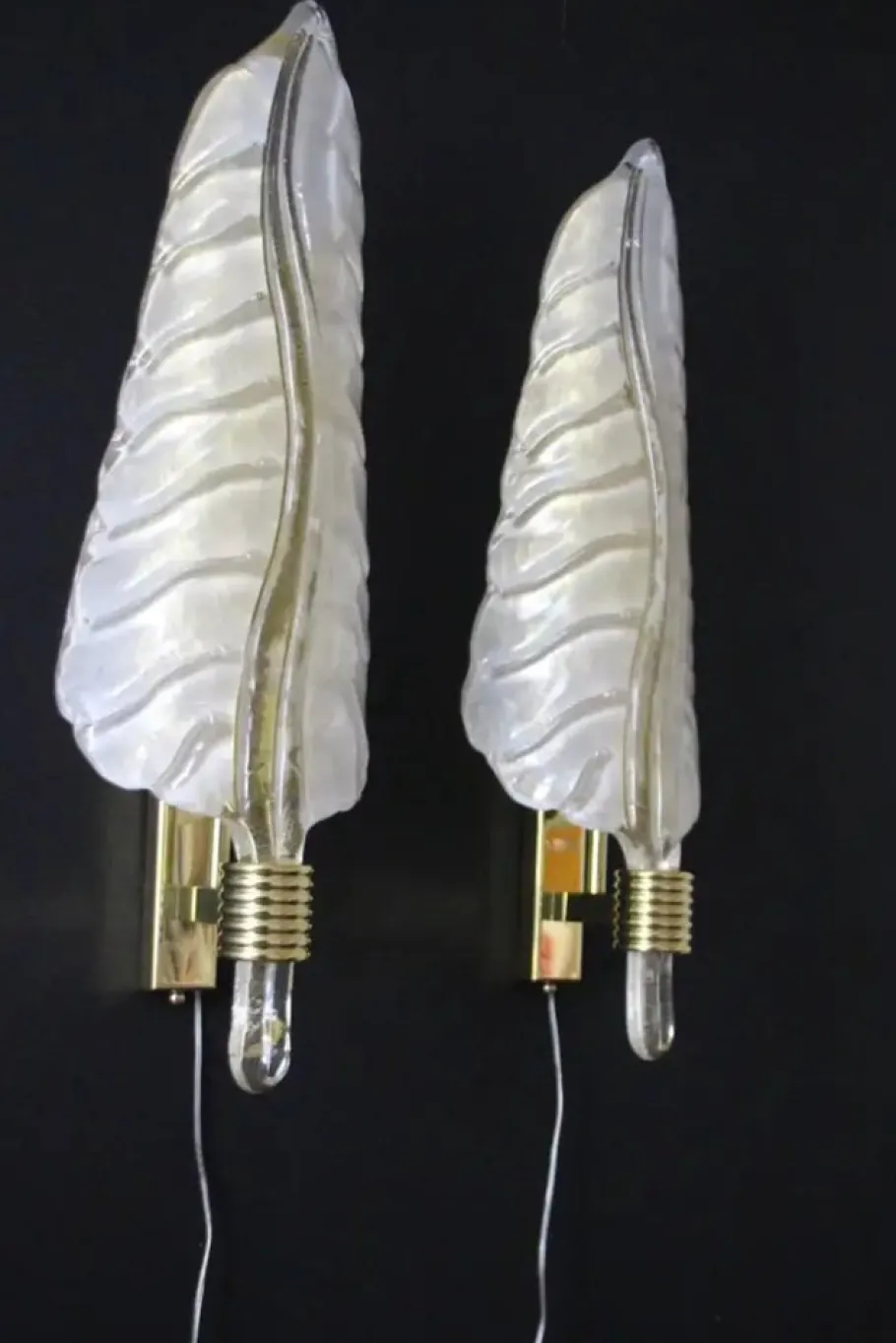 Sale Pamono White and Gold Murano Glass Wall Lights in the Shape of Leaves, Set of 2