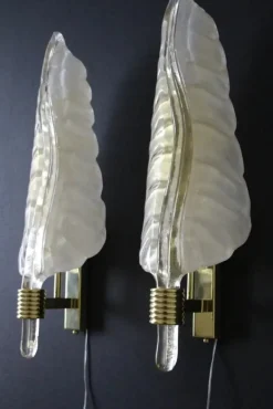 Sale Pamono White and Gold Murano Glass Wall Lights in the Shape of Leaves, Set of 2