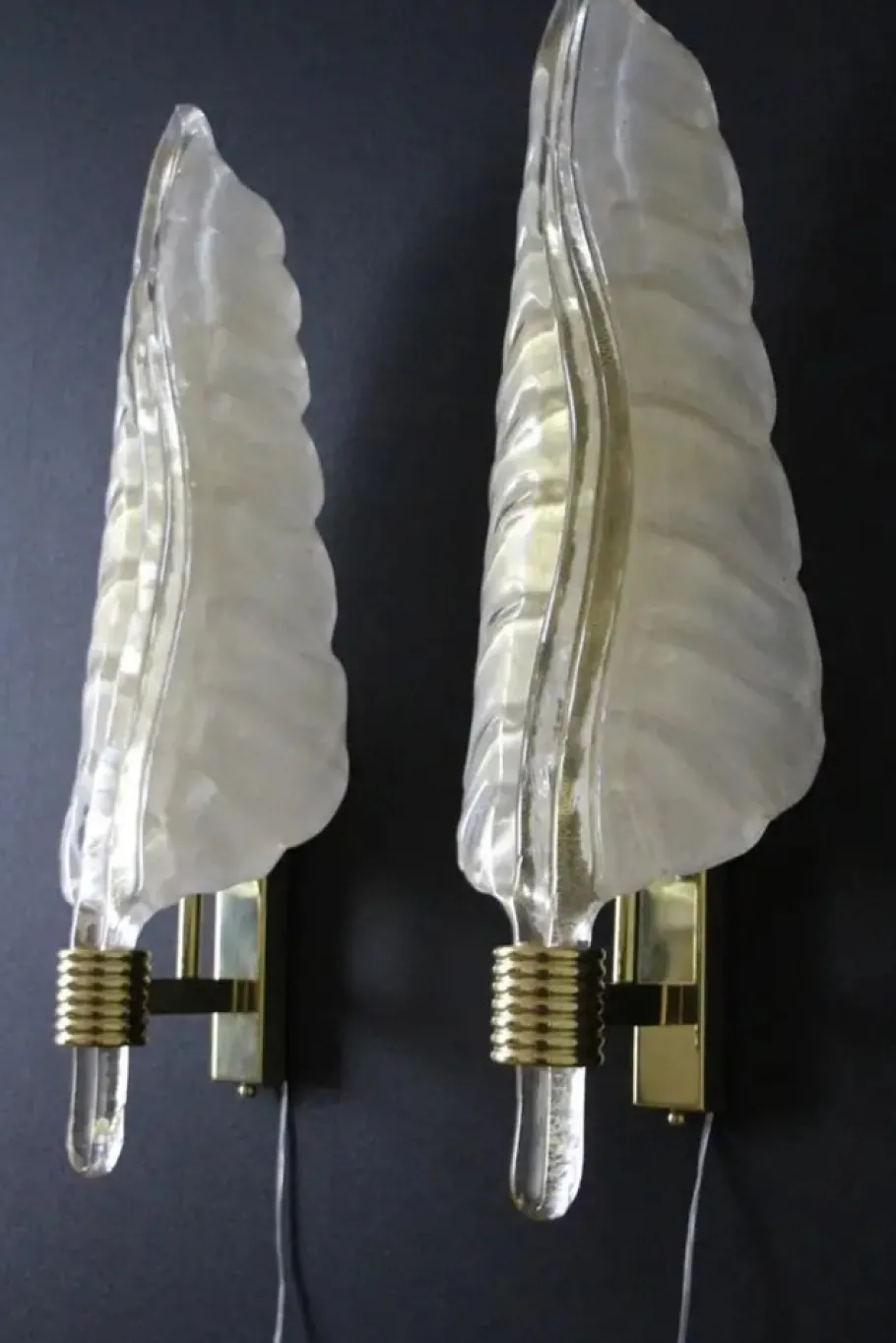 Sale Pamono White and Gold Murano Glass Wall Lights in the Shape of Leaves, Set of 2