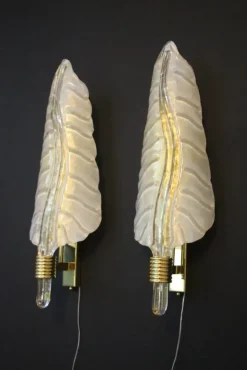 Sale Pamono White and Gold Murano Glass Wall Lights in the Shape of Leaves, Set of 2