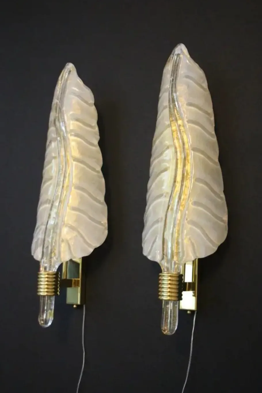 Sale Pamono White and Gold Murano Glass Wall Lights in the Shape of Leaves, Set of 2