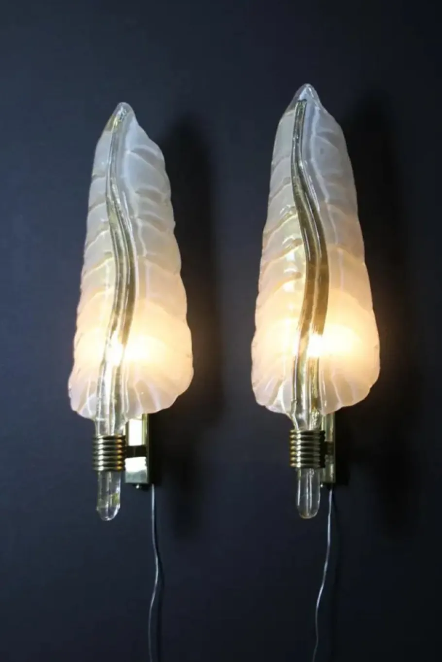 Sale Pamono White and Gold Murano Glass Wall Lights in the Shape of Leaves, Set of 2