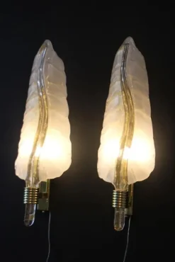 Sale Pamono White and Gold Murano Glass Wall Lights in the Shape of Leaves, Set of 2