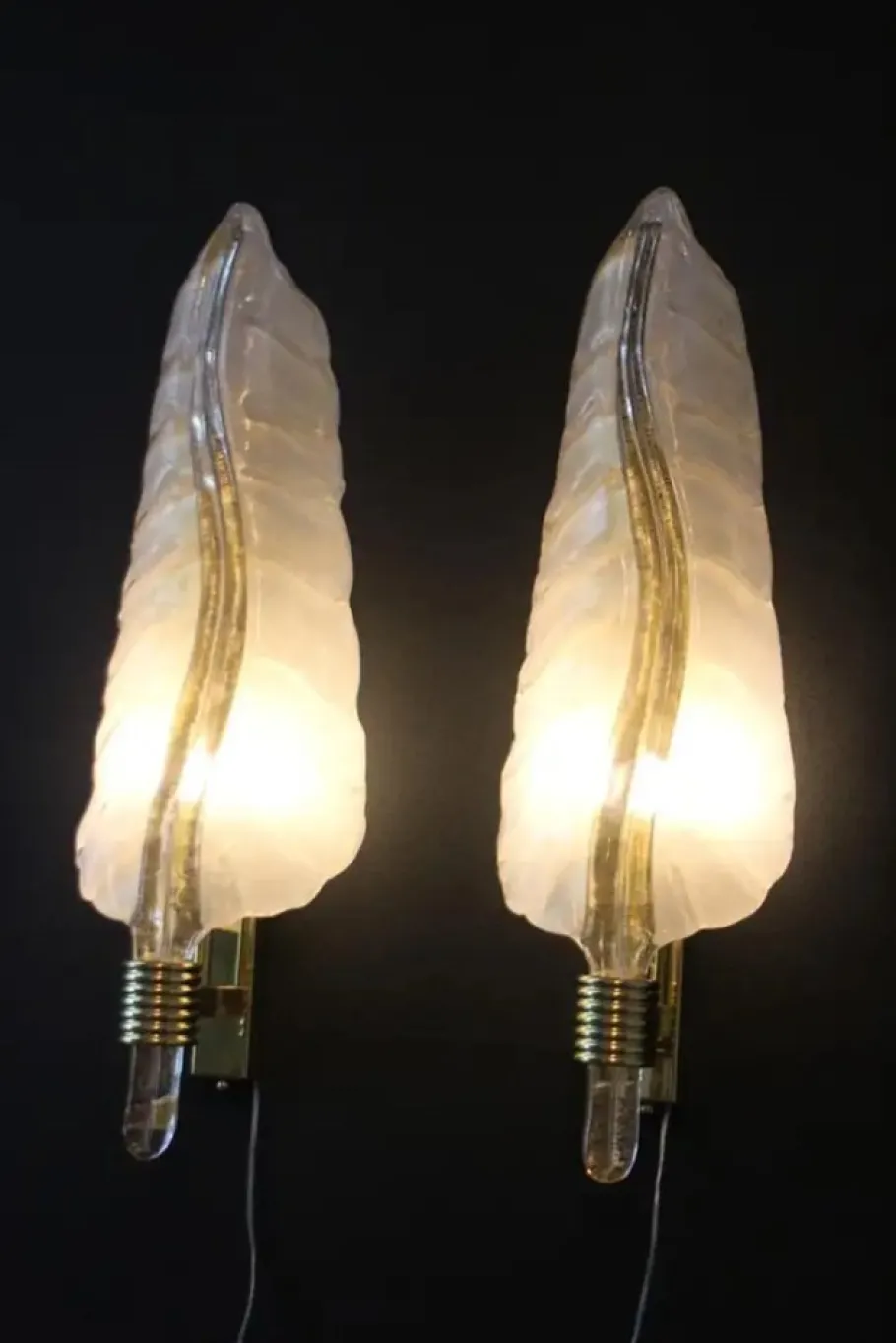 Sale Pamono White and Gold Murano Glass Wall Lights in the Shape of Leaves, Set of 2