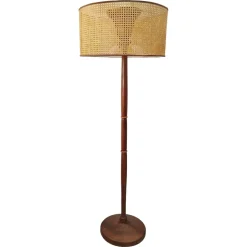 Pamono Wood Floor Lamp with Vienna Straw Lampshade, Italy, 1950s