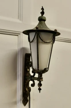 Sale Pamono Wrought Iron and Opaque Wall Lantern, 1930s